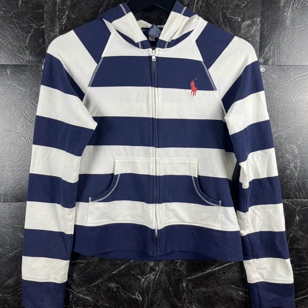 Polo Ralph Lauren Women's White Striped Zip Hoodie Medium -Flaws